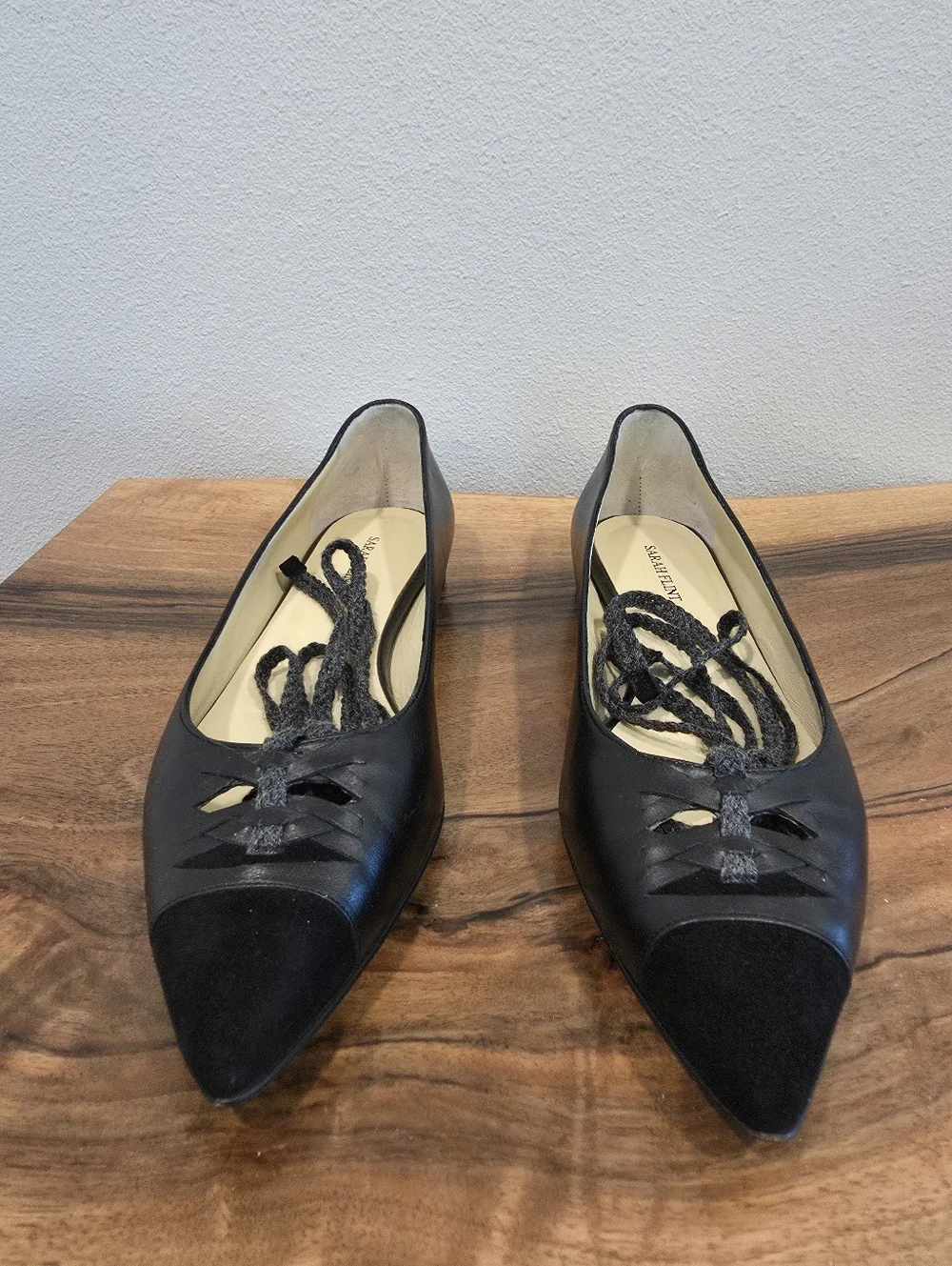 Sarah Flint Lily Ankle Tie Black Leather Flats -NWOT
